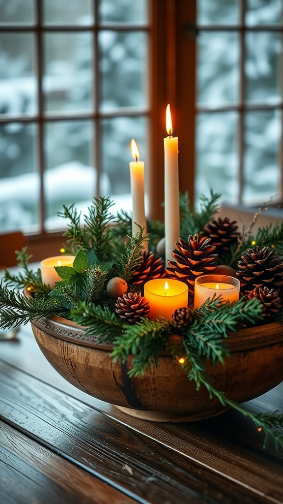 Rustic dough bowl centerpiece with greenery, pinecones, and candles on a wooden table during Christmas.